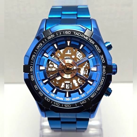 Mens Binbond 46mm Hollow Date Quartz Watch Brillant Blue 30M New Battery - Picture 1 of 10